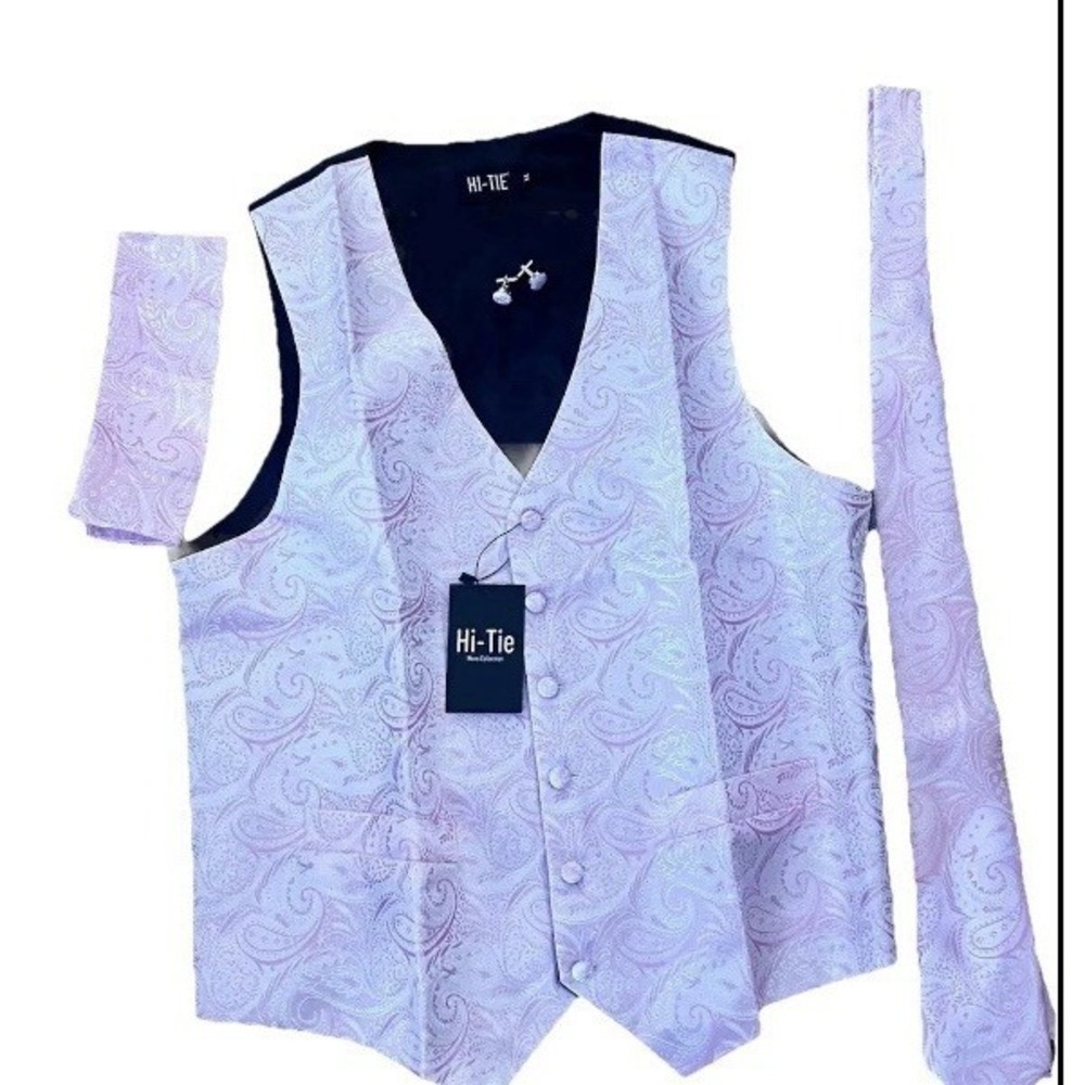 New Hi Tie Suit Vest Paisley‎ Pink  Sz Med Tie Set cuff link Med Prom Wedding